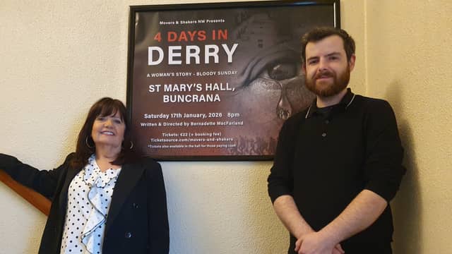 Bernadette MacFarland, writer and director of 4 Days in Derry, with St Mary’s Hall manager Anthony Barber