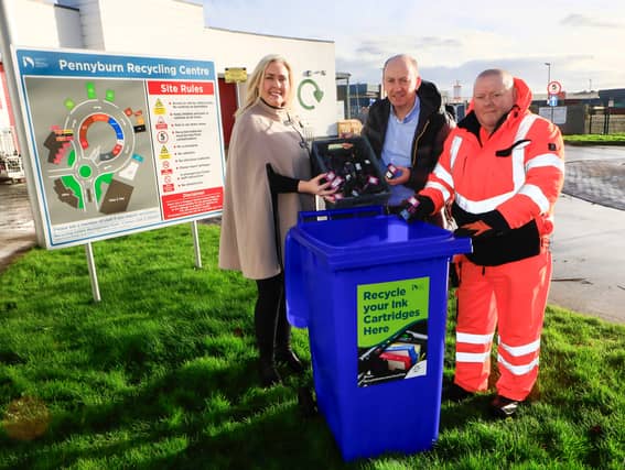 Julie Hannaway, Waste and Recycling Officer with DCSDC, pictured with Gerry Morgan, Harvard Manufacturing (Newry) and Damien Dunleavy (Pennyburn Recycling Centre). (Photo - Tom Heaney, nwpresspics)