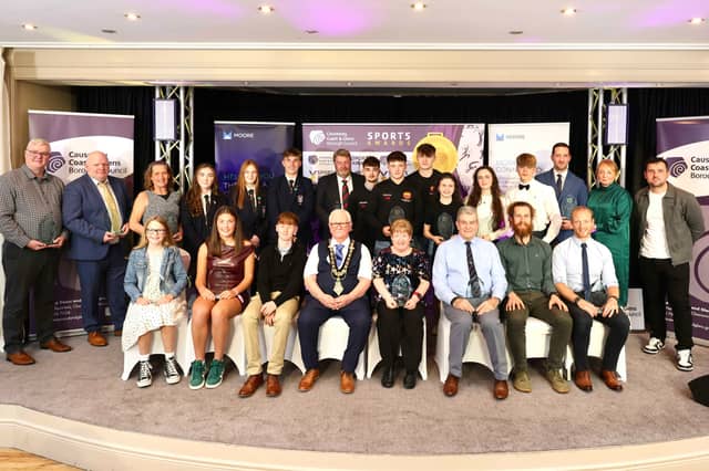 Award winners at the Sports Awards pictured with Mayor Oliver McMulland and Host Denise Watson. (Photo: McAuley Multimedia)