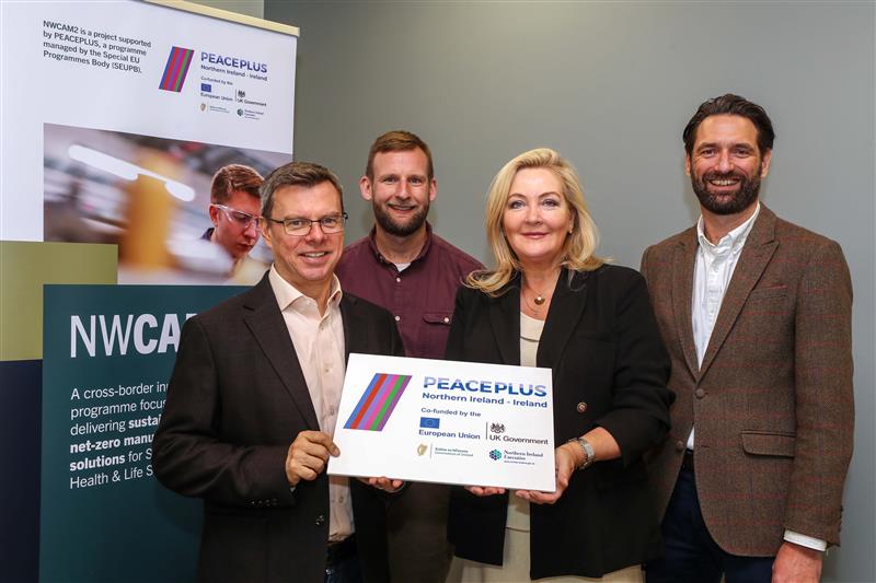 Left to right, Steve Orr, CEO, Catalyst, Joe Wilson, NWCAM2 Project Manager, Catalyst, Gina McIntyre, CEO, SEUPB, Rob Grundy, Director of Innovation Partnerships, Catalyst.