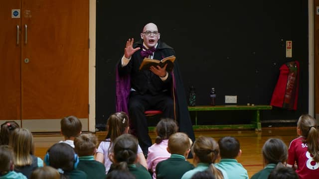 Great Granda Vlad, a character from Freddy’s Lost His Fangs, entertaining pupils at Oakgrove Primary School and Sacred Heart Primary School.
