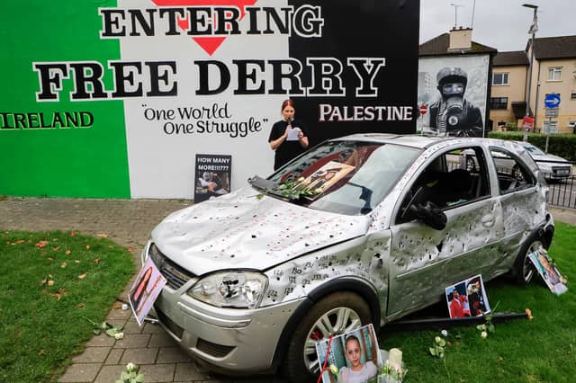 Emma-Jayne McGlinchey reading ‘Her Name Was Hind’ art installation & vigil at Free Derry Corner, Five years old Hind Rajab was murdered alongside her family by the IDF (Pic: T Heaney, nwpresspics)