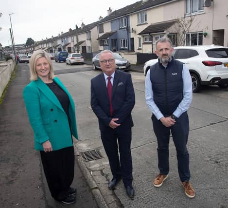 Housing Executive Chief Executive Grainia Long, Eddie Doherty, Housing Executive West Area Manager and Ryan McErlean, Head of Operation, CFM Build & Regenerate Department.