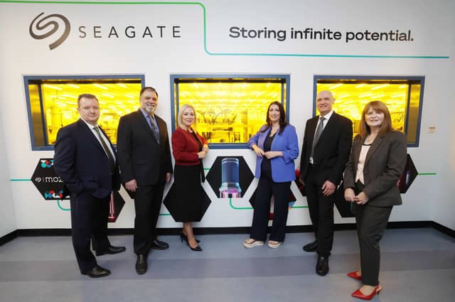 Kieran Donoghue, Invest NI, John Morris, CTO, Seagate, FM Michelle O’Neill, DFM Emma Little-Pengelly, Fergus O’Donnell, Wafer Operations NI, & Economy Minister, Dr Caoimhe Archibald.