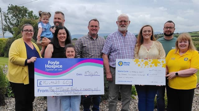 The McDevitt family are pictured handing over cheques to Foyle Hospice and Marie Curie.