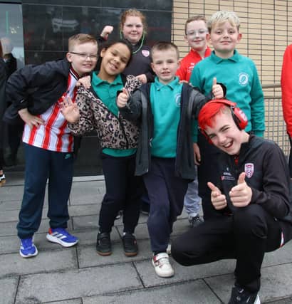 Pupils from Ardnashee College who featured in the film “Teenage Kicks”, by the late Vinny Cunningham outside Brunswick Moviebowl before the screening. (Photo - Tom Heaney, nwpresspics)