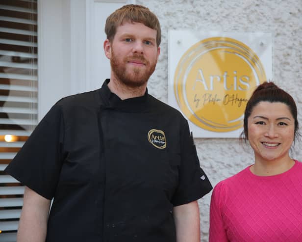 Suzie Lee with chef Phelim O’Hagan outside his restaurant 'Artis' in Derry's Craft Village
