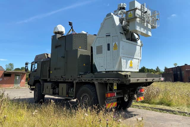 The weapon uses high frequency radio waves to disrupt or damage critical electronic components inside drones, causing them to crash or malfunction.