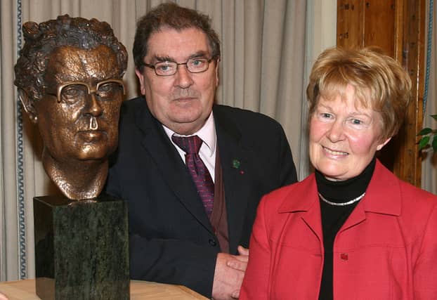 Pat Hume with her husband, John, pictured at the unveiling of a bronze bust of the former SDLP leader and Nobel Peace Prize winner at St Columb's College which he attended and where also taught.
