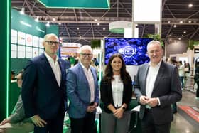 Nick Caldwell, Invest NI Head of Asia Pacific; Karl Hanlon, Chief Commercial Officer, FinTrU; Marie-Therese Kane, Senior Vice President Technology Sales at FinTrU; and Economy Minister Conor Murphy.