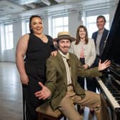 Minister Archibald with Mark McLaughlin and Niamh Morrison, young artists who benefitted from professional training and skills development at The Playhouse, alongside Kevin Murphy, Chief Executive.