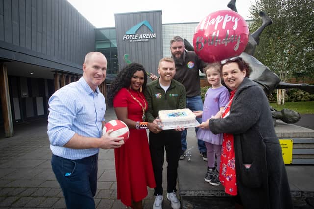 Steve Setterfield, DCSDC, Gavin Melly, Bud Club, David Campbell, COS (Circle of Support for Autism Families), Miss Anna Taylor (6) and Dawn McKendry, Senior Employment Officer, NOW. PIC Jim McCafferty