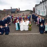 Children from the Long Tower and Fountain Primary Schools who took part in the 'St. Columba' pageant at the Playhouse. (Photo: Jim McCafferty Photography)