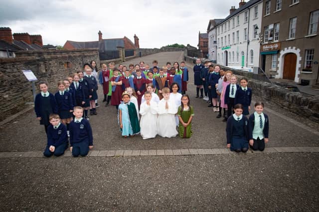 Children from the Long Tower and Fountain Primary Schools who took part in the 'St. Columba' pageant at the Playhouse. (Photo: Jim McCafferty Photography)
