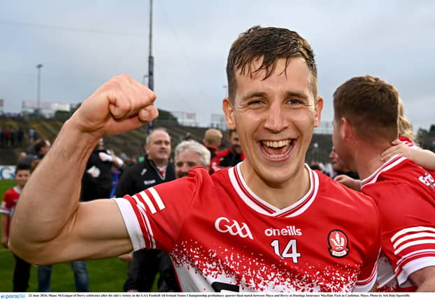 Shane McGuigan celebrates the win over Mayo. Pics by Seb Daly/ Sportsfile