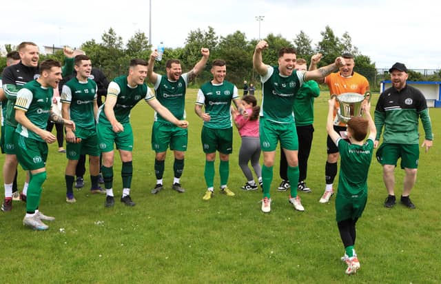 Foyle Harps players celebrate with the Terry Kelly Cup. Pic by Tom Heaney, nwpresspics