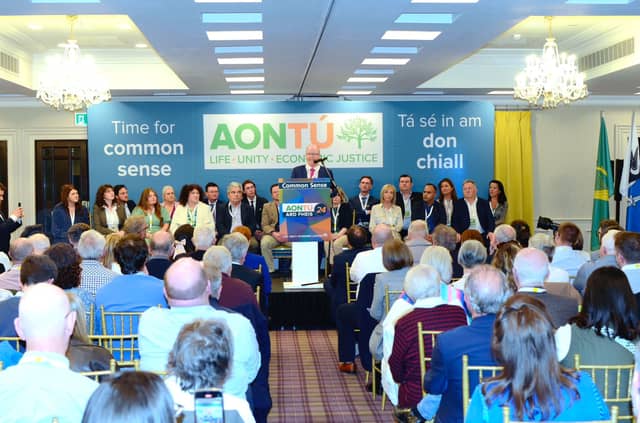 Aontú leader Peadar Tóibín speaking at today's event.