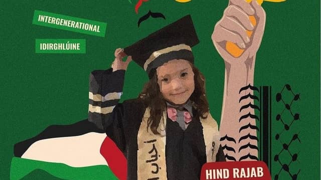 6-year-old Palestinian girl Hind Rajab, who was killed along with her family, features on the poster for the march. (Full poster below)