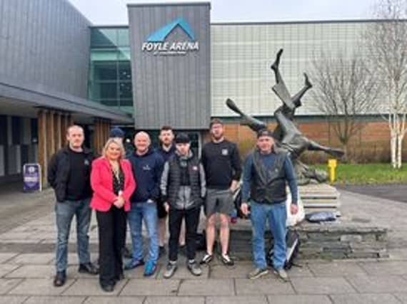 Cllr Sandra Duffy with First Housing Aid and Support Services workers and service users At Foyle Arena.