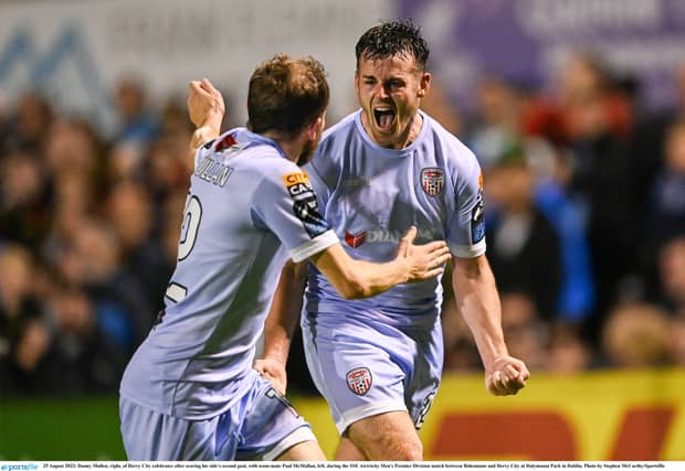 Danny Mullen celebrates his first goal for Derry City. Pic by Seb Daly/ Sportsfile