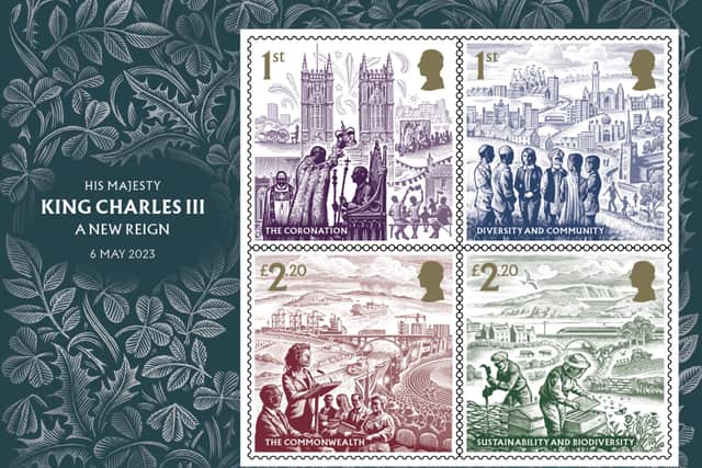 Royal Mail is also commemorating the coronation with four new stamps, depicting the King being crowned and celebrating the multi-faith and biodiversity causes Charles has made his life’s work.