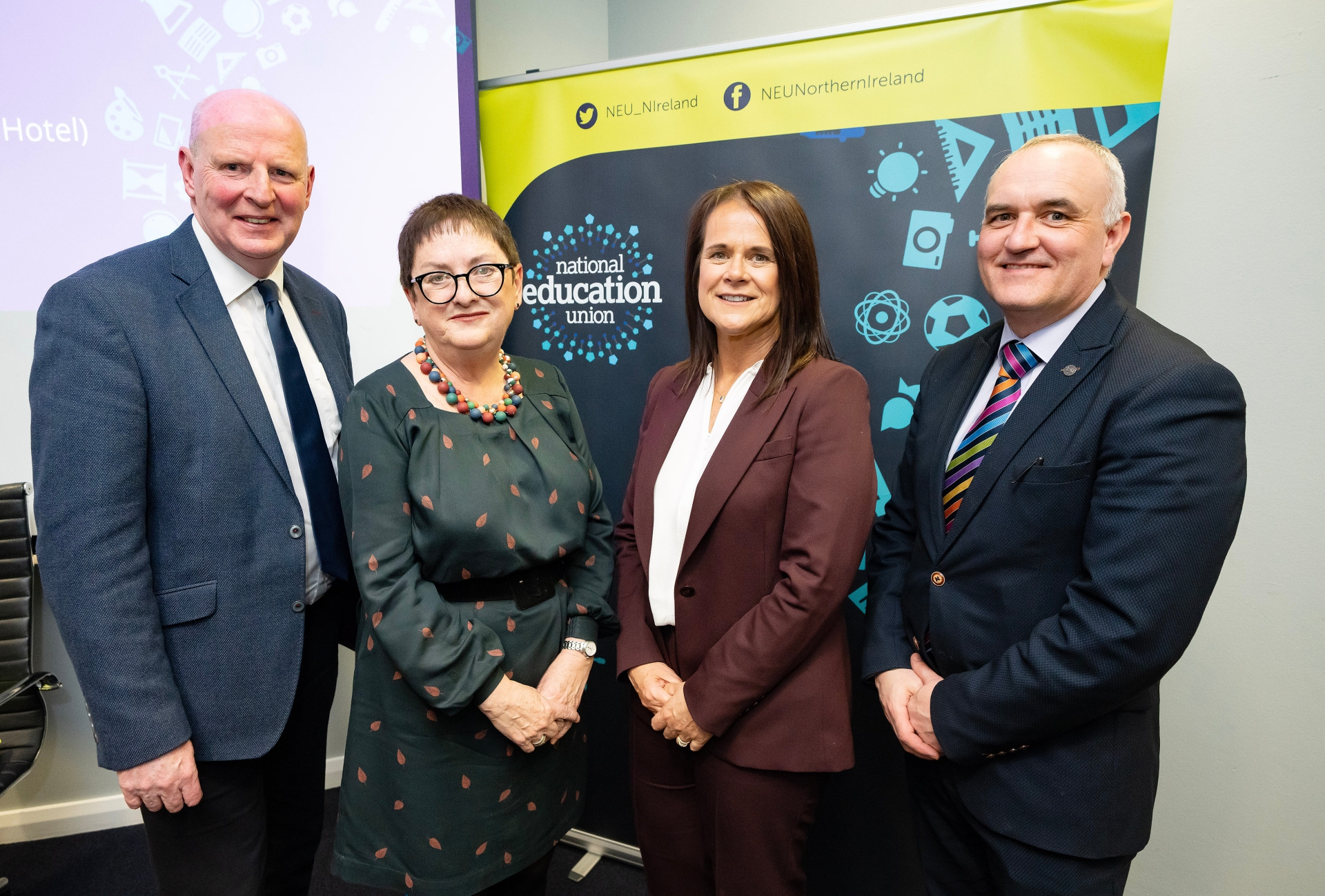 From left, Brian Doran, CEO of Southern Regional College, Dr Mary Bousted Joint General Secretary of NEU, Maria Curran, Project Director of MEGA and Michael Allen, Principal of Lisneal College