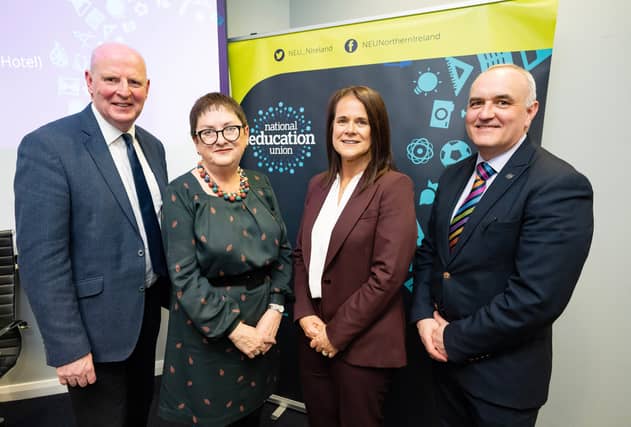 From left, Brian Doran, CEO of Southern Regional College, Dr Mary Bousted Joint General Secretary of NEU, Maria Curran, Project Director of MEGA and Michael Allen, Principal of Lisneal College