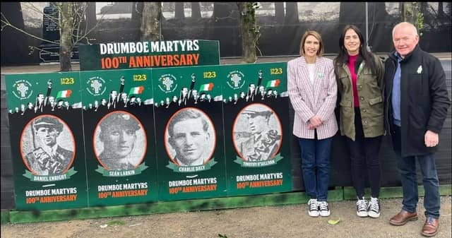 Emma Sheerin MLA (centre) pictured with Sinn Féin Councillors Cora Corry and Brian McGuigan.