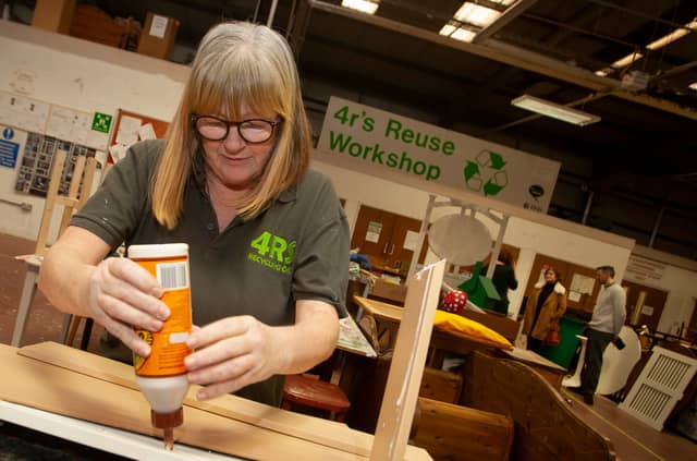 Workshop joiner Clare McLaughlin pictured at the 4Rs workshop in Pennyburn Industrial Estate on International Women’s Day 2023.