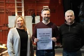 Playhouse & Equity noting the signing of their agreement. (l-r) Alice Adams Lemon, NI Official, Equity; Kieran Griffiths, Director and Producer, The Playhouse; Mike Moriarty, Chair.