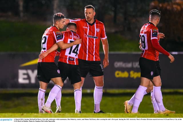 Jordan McEneff celebrates his first of two goals against UCD. Picture by Stephen McCarthy/ Sportsfile