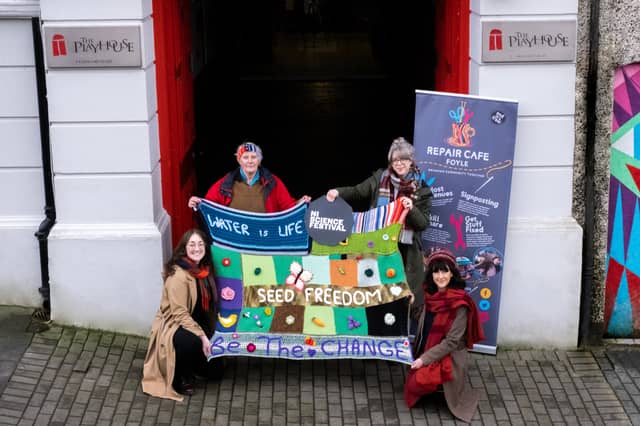 Stephanie Garner, NI Science Festival, Craftivist Caroline Kuyper, Playhouse Climate Action Officer Paula Larkin & Caroline McGuinness Brooks, NI Resources Network & Foyle Repair Café. Pic Teresa Lyle