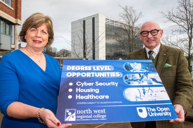 Dr Catherine O’Mullan, NWRC Director of Curriculum and Academic Standards and John D’Arcy, Director of The Open University in Ireland. (Picture Martin McKeown)