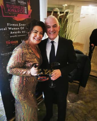 Pictured from L-R Ciara McElhinney, Owner of Child Therapy NI with U105 Presenter Frank Mitchell at the Firmus Energy Local Women in Business Awards 2022