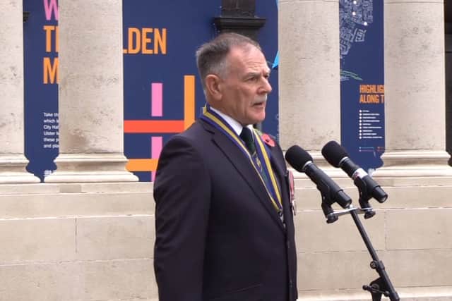 “Thank you for coming here this morning to support the Royal British Legion’s call for a two-minute silence,” he told those gathered in the grounds of City Hall.