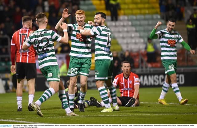 Rory Gaffney celebrates the only goal of the game. Pic by Ramsey Cardy/ Sportsfile