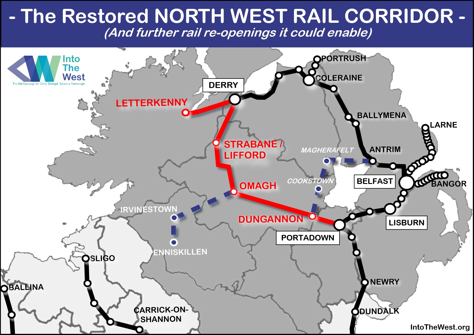 A map of the North West Rail Corridor (NWRC), highlighting the other future reopenings it could 	enable to Enniskillen and Cookstown/Magherafelt.
