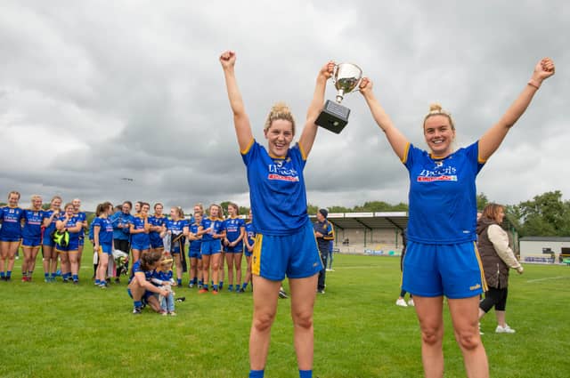 Steelstown Ladies co-captains Aoife McGough and Ciara McGurk with the Derry Senior title after the win over Ballymaguigan on Sunday past. Pics by Cathal McOscar
