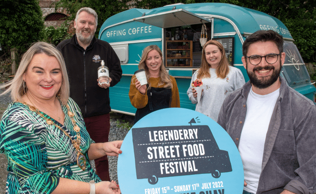 Mayor, Councillor Sandra Duffy, launches the Legenderry Street Food Festival. Pictured are Stephanie Bradley, Jim Nash, Joanne Cullen and Josh Kyle.