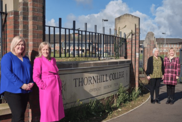 The Four Derry Girls, Claire, Mary D, Ciara and Mary N pictured outside their former school Thornhill College whilst filming