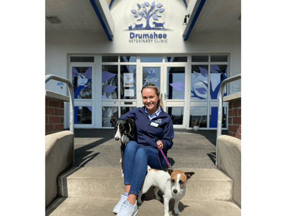 Katie pictured outside her work, Drumahoe Veterinary Clinic, which Katie describes as the biggest focus of her recovery