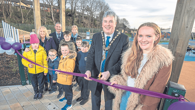 The Accessible Play Park is officially opened by Council Mayor Richard Holmes, Sally Brown and pupils and staff from Rossmar School. Photo McAuley Multimedia.