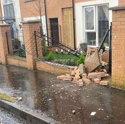 The PSNI are appealing for anyone who has any information on the motoring incident that led to this wall at Derrymore Park being smashed, to contact them.