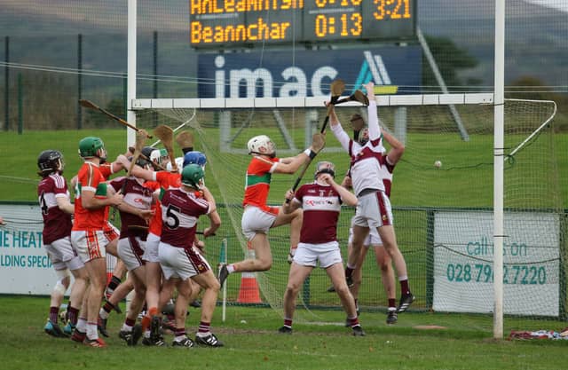 A late Fintan Bradley free drops just over the bar as Lavey chased a goal. Pic by Mark Doherty.