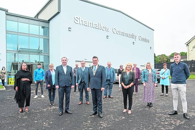 The Mayor, Alderman Graham Warke who officially opened the new Shantallow Community Centre pictured with staff and elected representatives. Photo: Martin McKeown.