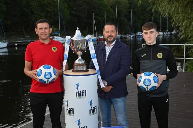 Tobermore United’s Jonny McLean and Adrian Whiteside pictured alongside James Keenan of Lough 41 last week at the launch of the new long term sponsorship between the NI Football League and Lough 41 at