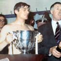 Jobby Crossan with Joe Mercer after leading Manchester City to promotion