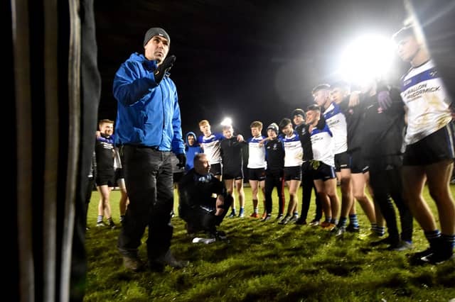 Sean Marty Lockhart addresses the Maghera MacRory team after their 2019 quarter-final win over Dungannon. (Pic: Mary K Burke)