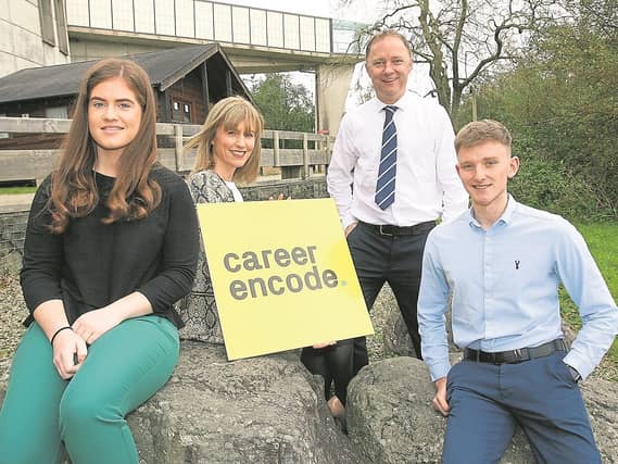 Pictured are Bronagh Gallagher, Apprentice Software Engineer, FP McCann; Camilla Long, Director of Bespoke Communications and independent facilitator for Career Encode; Brian Law, IT Manager; Ronan
