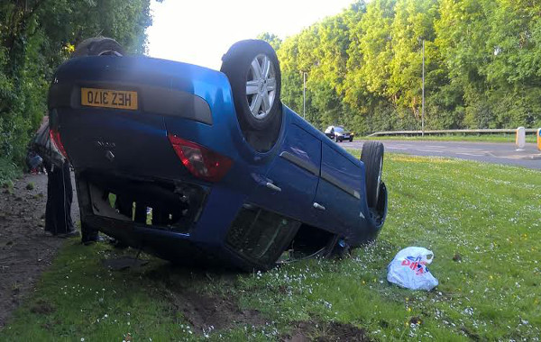 Driver has lucky escape after car goes out of control and overturns